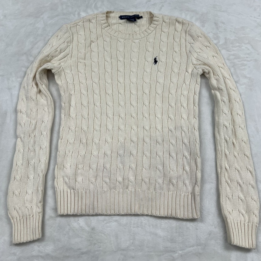 Ralph Lauren Cable Knit Sweater Womens M Cream Cotton Crew Neck Long Sleeve Pony